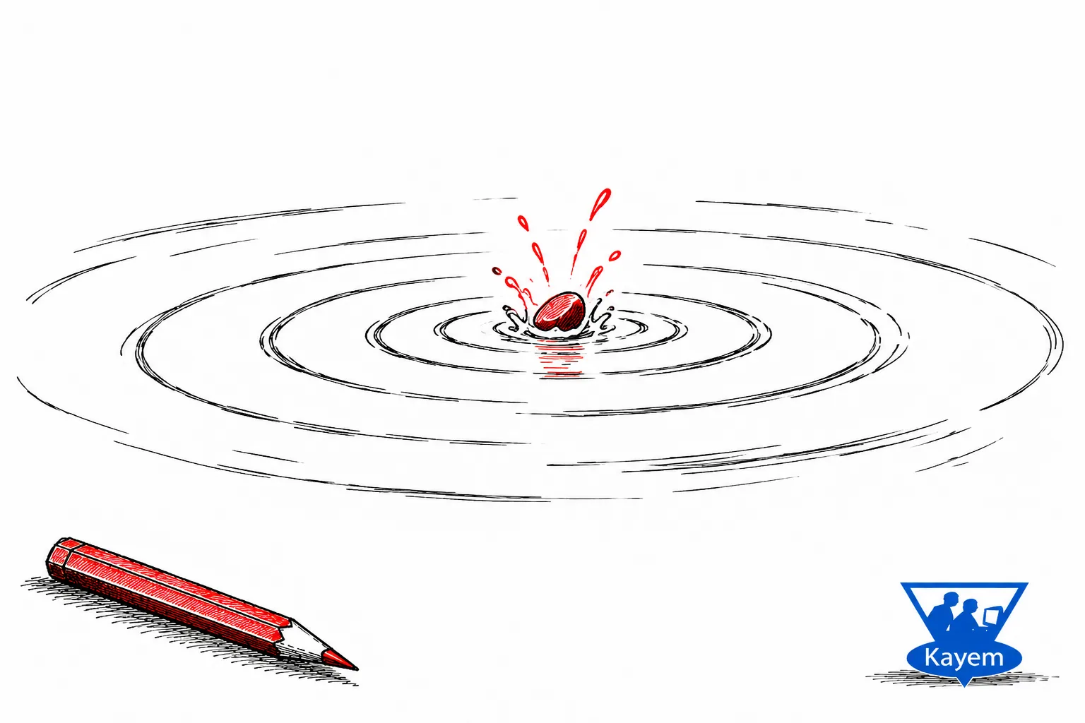 Hand-drawn red pebble splashing into water with black concentric ripples, representing the wider effects of adding a software feature