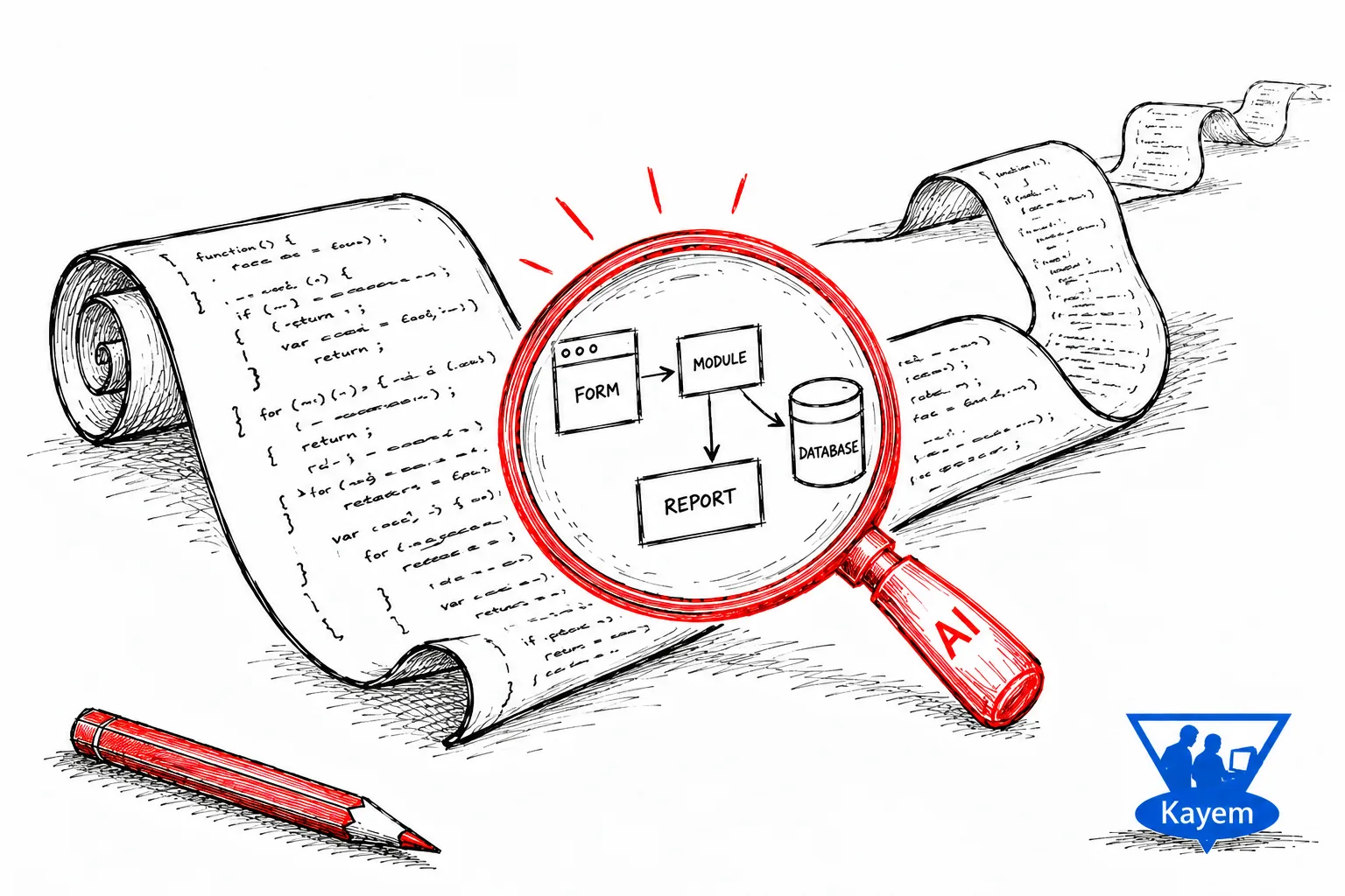 Hand-drawn scroll of source code under a red AI magnifying glass revealing forms, modules, reports and a database