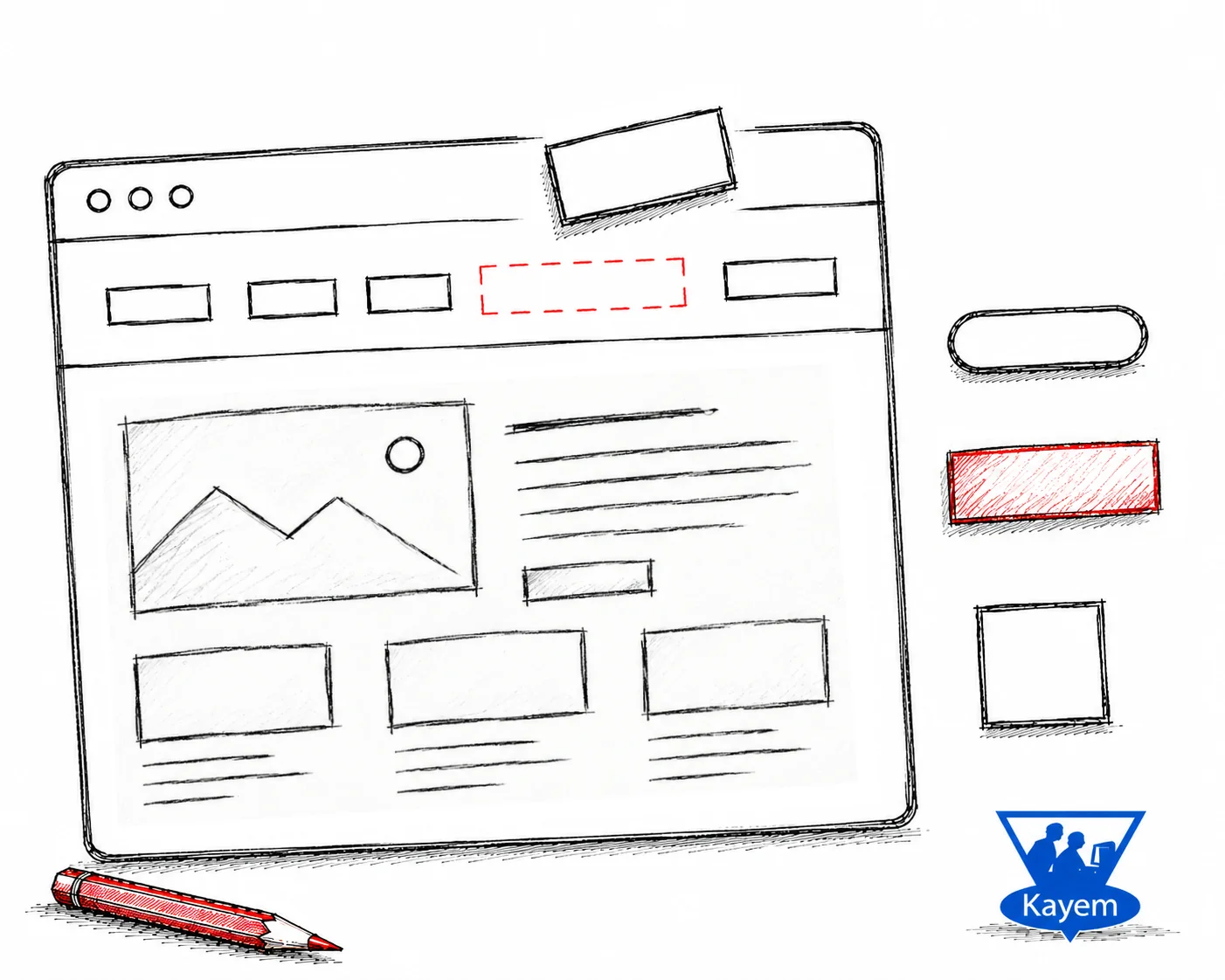 Hand-drawn website with a removed navigation module and alternative module shapes alongside it, representing investigation, experimentation and testing in website development