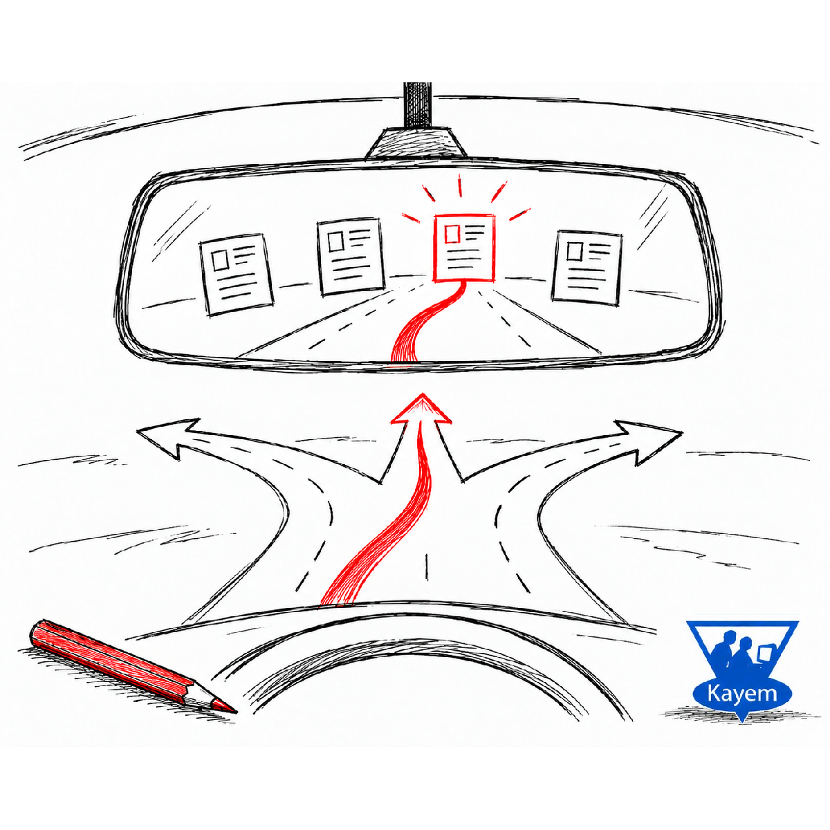 Hand-drawn rear-view mirror showing several website pages with one highlighted in red above branching roads, representing using Google Search Console evidence to decide what to do next