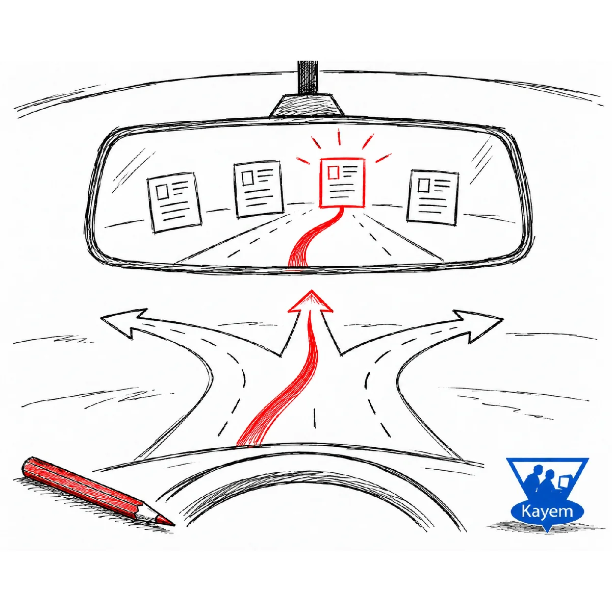 Hand-drawn rear-view mirror showing several website pages with one highlighted in red above branching roads, representing using Google Search Console evidence to decide what to do next
