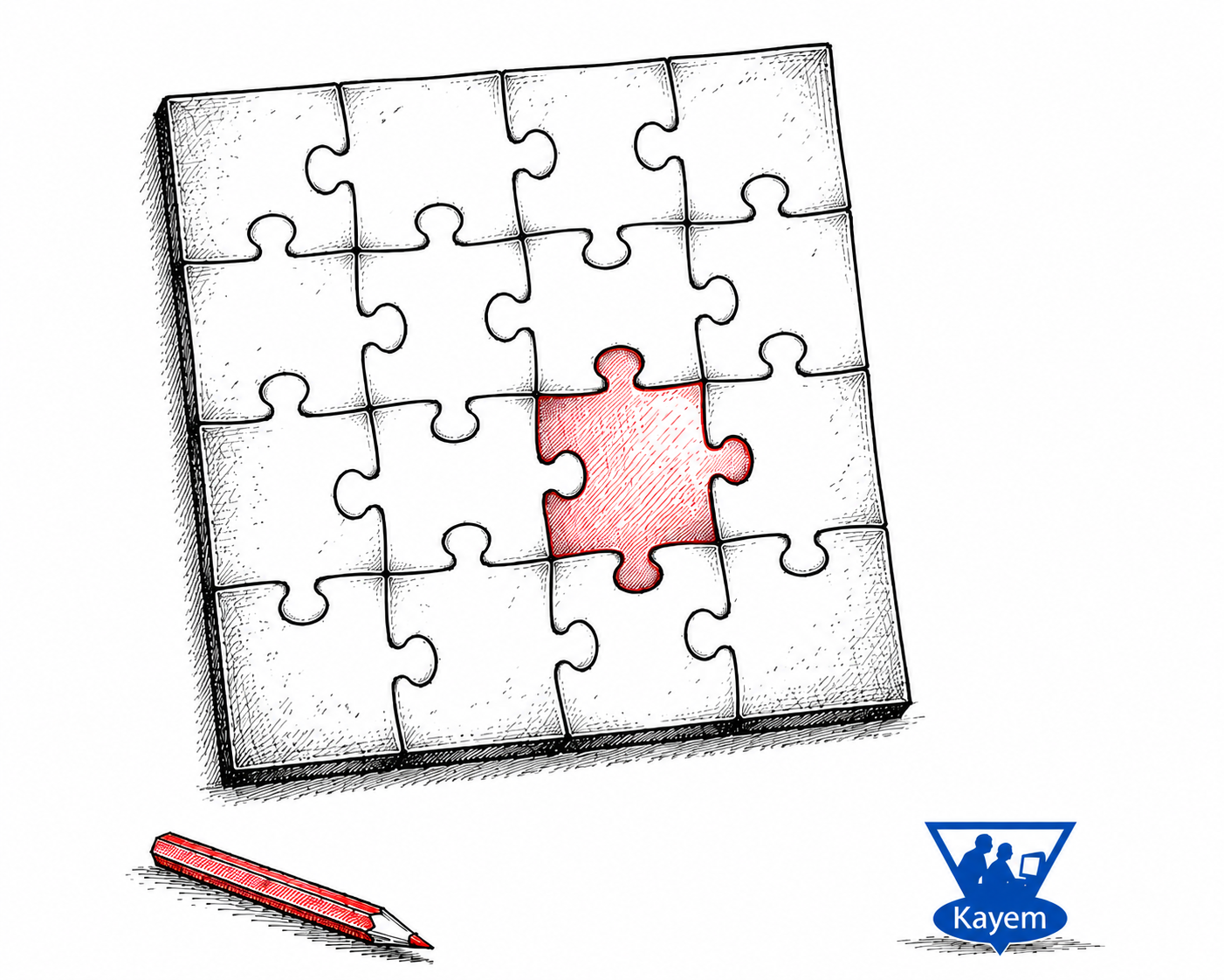 Hand-drawn puzzle with one missing piece highlighted in Kayem blue, representing gaps in understanding