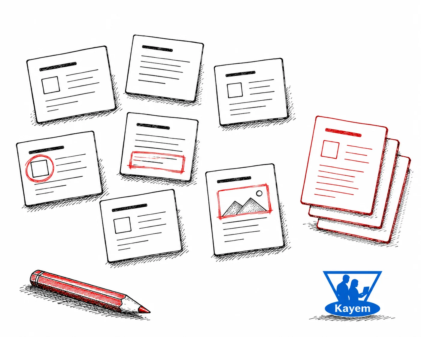 Hand-drawn website content cards with red annotations and a sorted stack, representing the process of understanding and organising website content