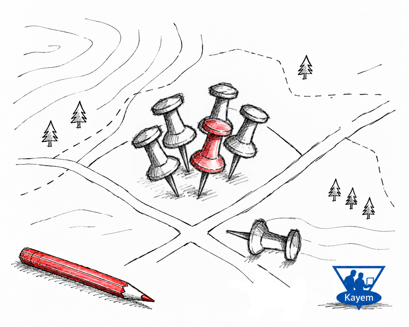 Hand-drawn map with several red location pins clustered around the same route and one discarded pin, representing content rationalisation and deciding when not to publish another article